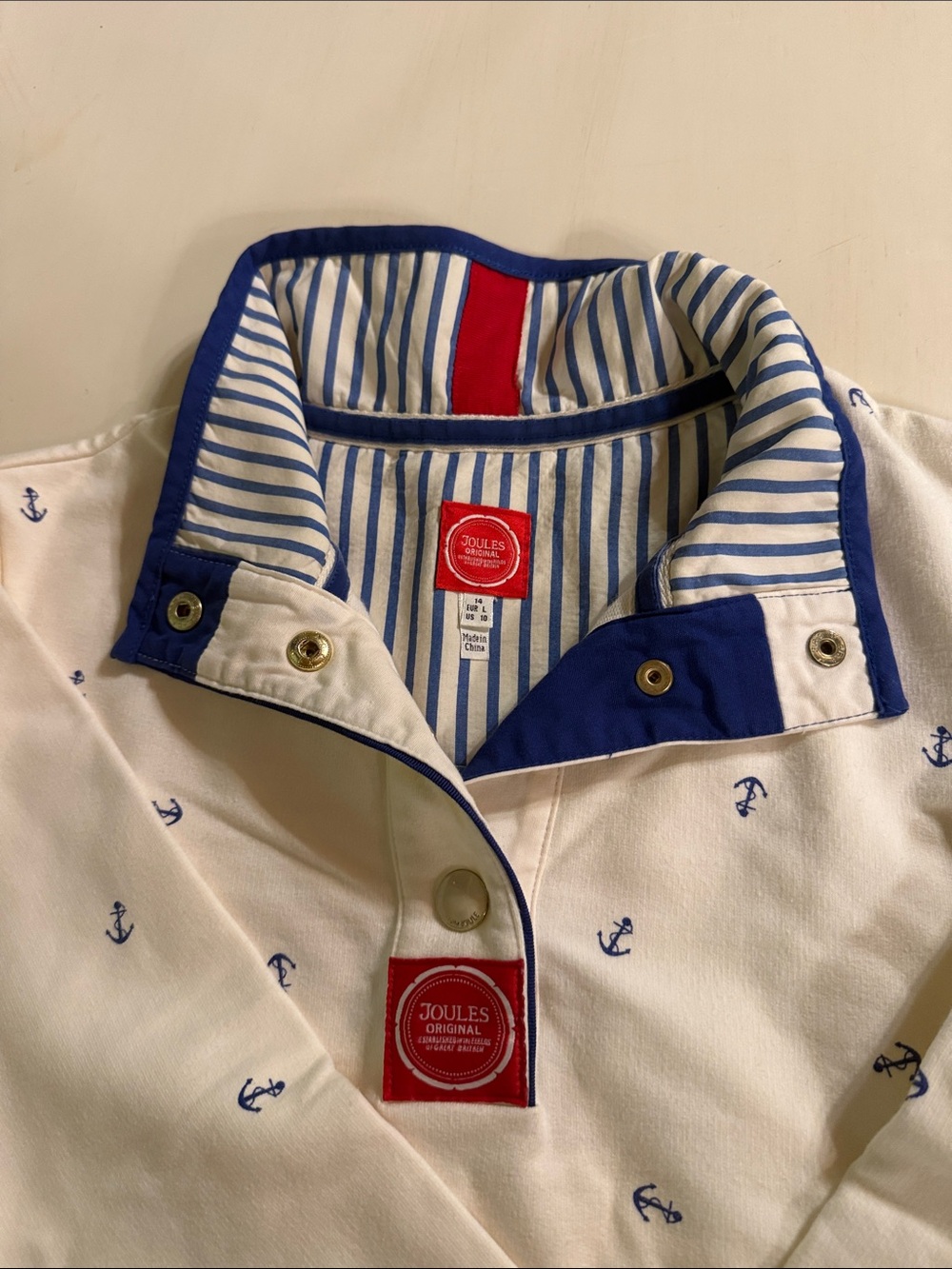 Joules Cream Anchor Popover Jacket with Blue Trim and Red Accents